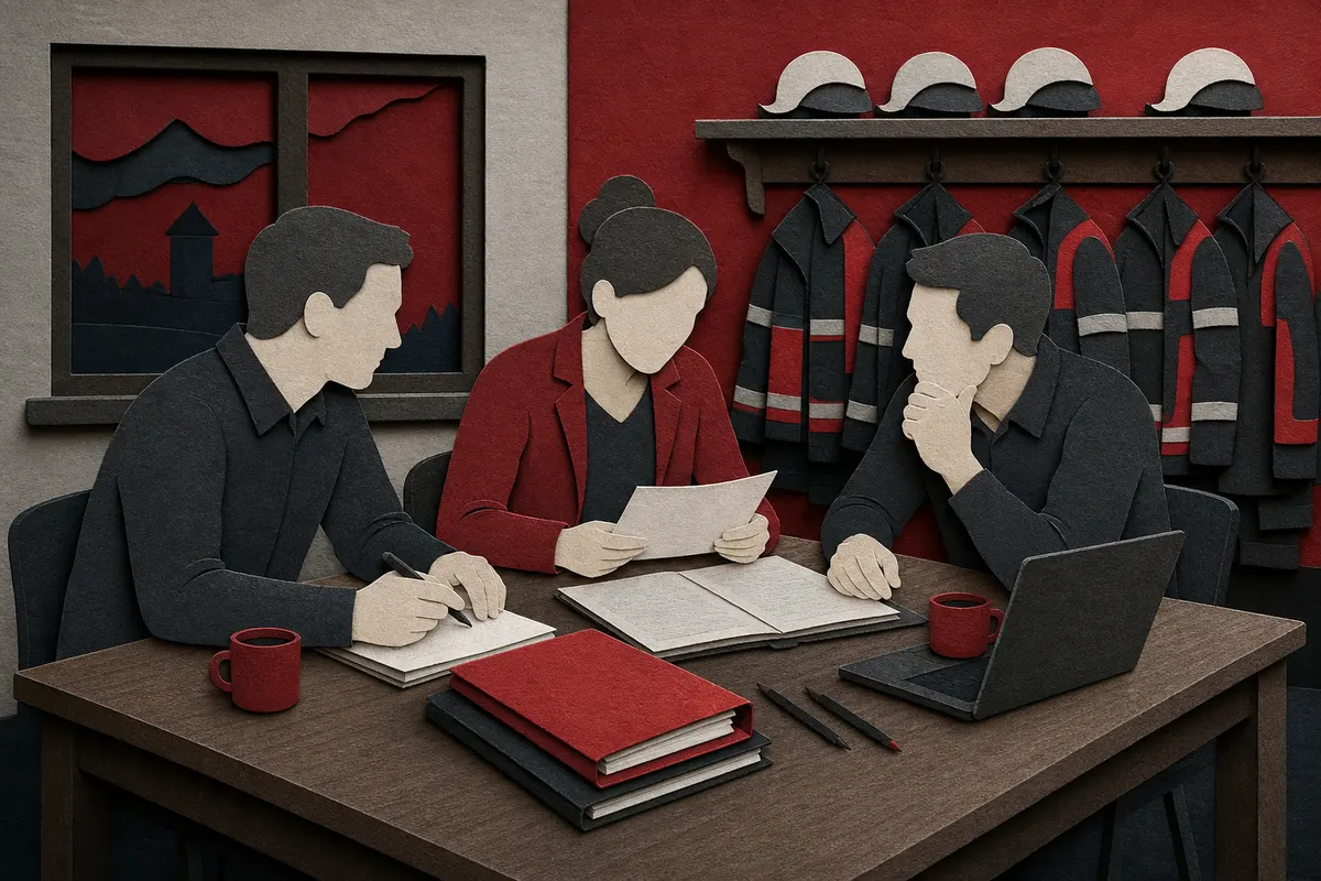 Vorstandsmitglieder eines Feuerwehrvereins bereiten eine Mitgliederversammlung im Feuerwehrhaus vor
