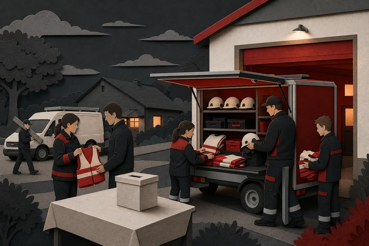 Mitglieder eines Feuerwehrvereins und Jugendliche der Jugendfeuerwehr sortieren neue Ausstattung vor dem Feuerwehrhaus