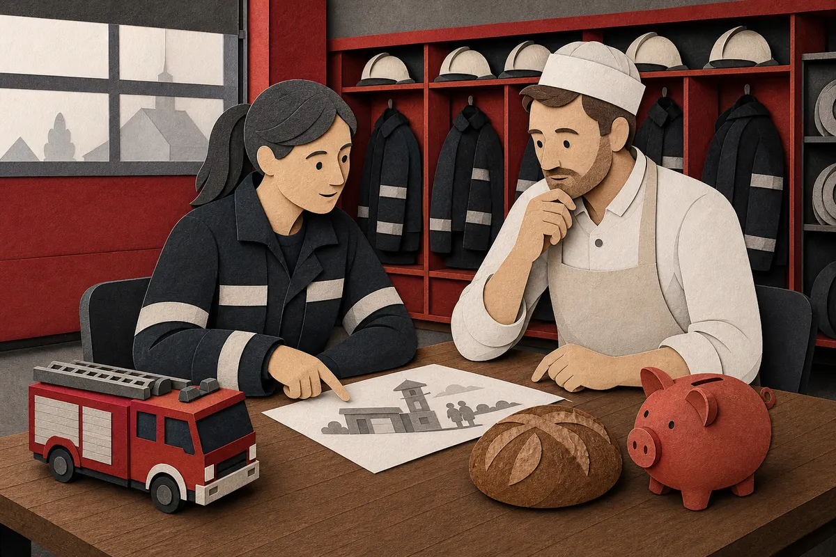 Vereinsvorsitzende und Bäcker besprechen eine Unterstützung für ein Jugendfeuerwehr-Projekt