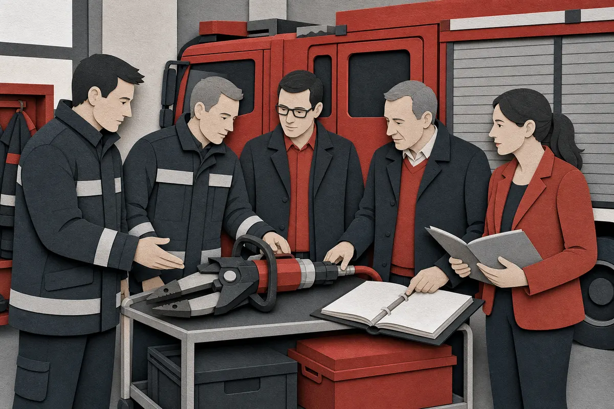 Feuerwehrverein, Wehrführung und Kommune prüfen gemeinsam ein neu beschafftes Rettungsgerät