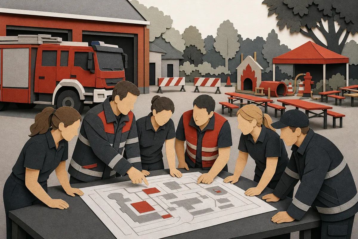 Feuerwehrverein plant gemeinsam den Aufbau eines Feuerwehrfests auf dem Hof des Feuerwehrhauses