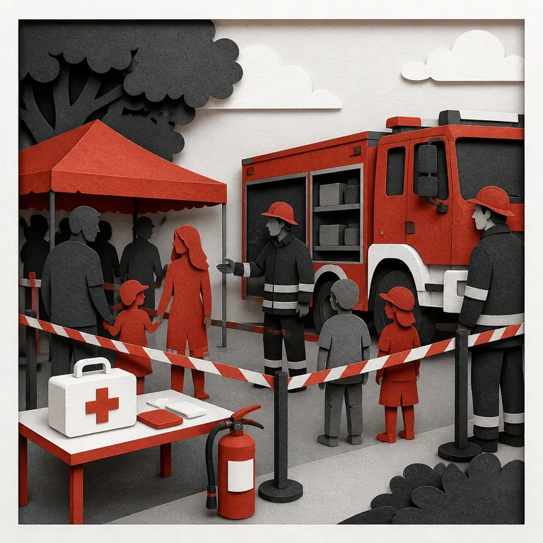 Sicherheitsorganisation mit freien Wegen und Erste-Hilfe-Bereich auf einem Feuerwehrfest