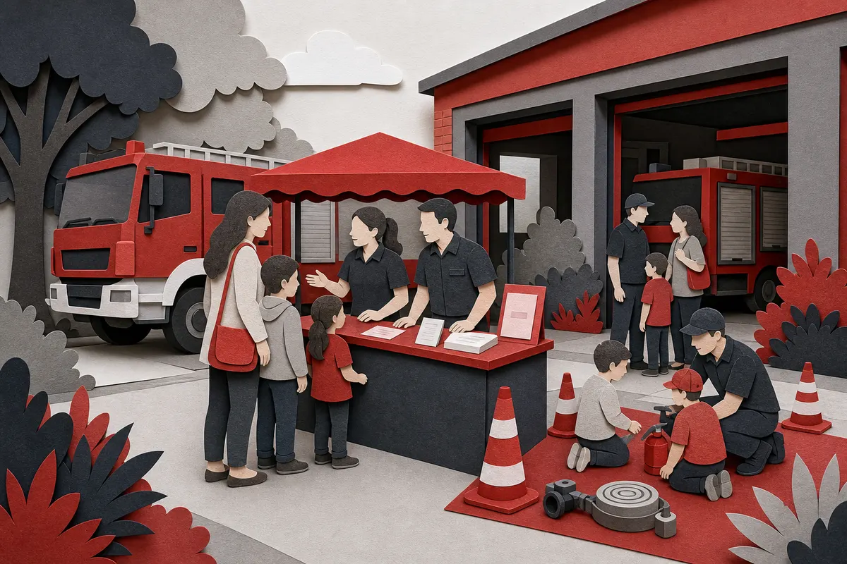Feuerwehrvereinsmitglieder begrüßen Familien an einem Infostand beim Tag der offenen Tür