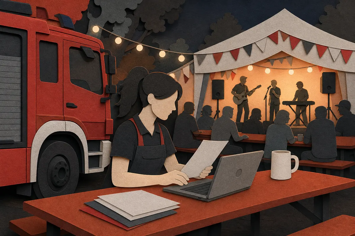 Organisatorin eines Feuerwehrfests prüft neben einem Feuerwehrfahrzeug die Musikveranstaltung am Laptop