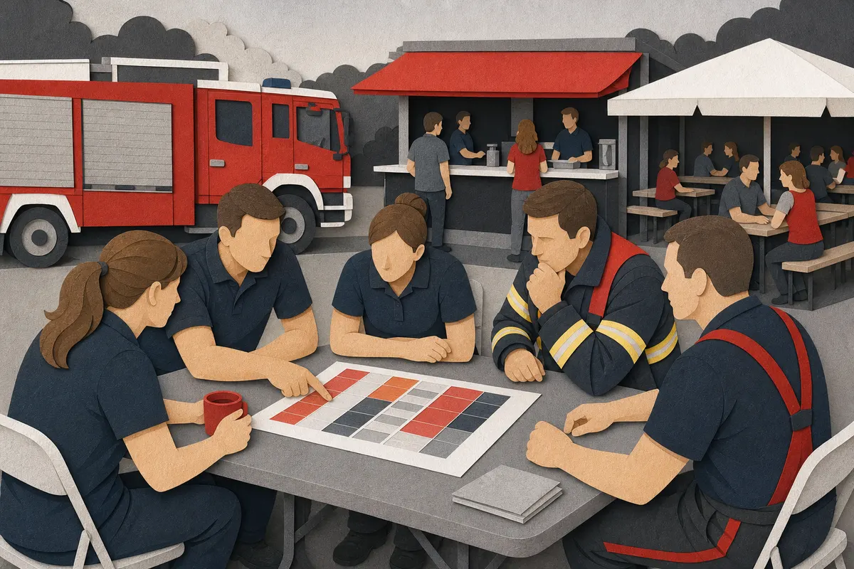 Freiwillige besprechen an einem Klapptisch den Helferplan für ein Feuerwehrfest