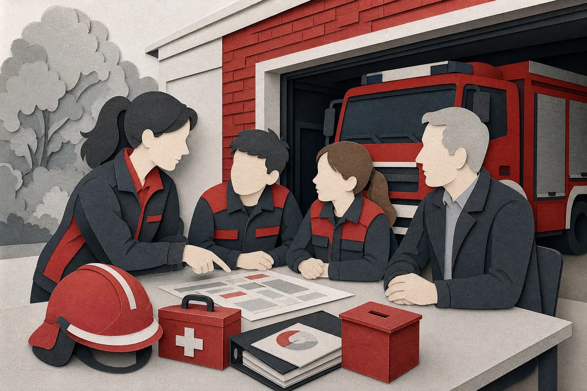 Jugendwartin, Jugendliche und Vereinsvorstandsmitglied planen gemeinsam die Unterstützung der Jugendfeuerwehr