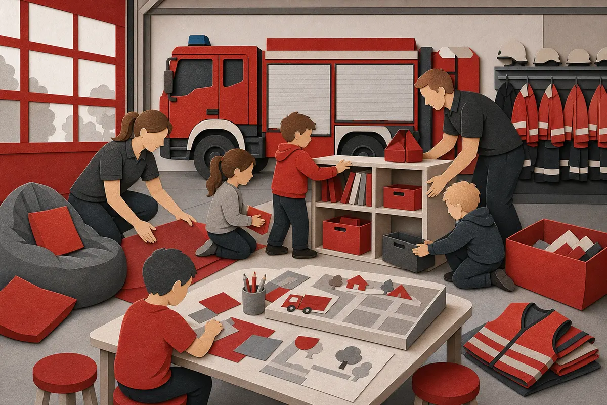 Kinder und Betreuende gestalten gemeinsam eine sichere Spielecke in der Feuerwehrhalle