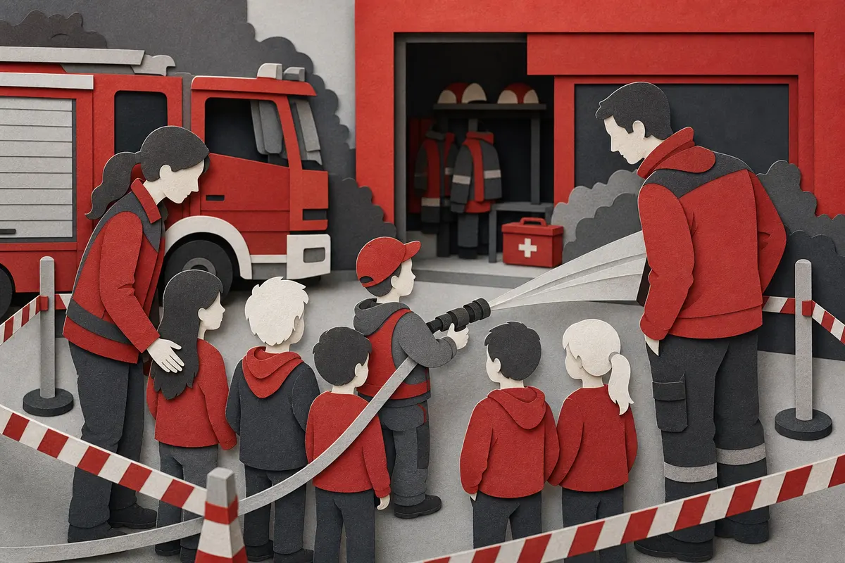 Betreuende begleiten eine Kindergruppe sicher bei einem Feuerwehr-Aktionstag
