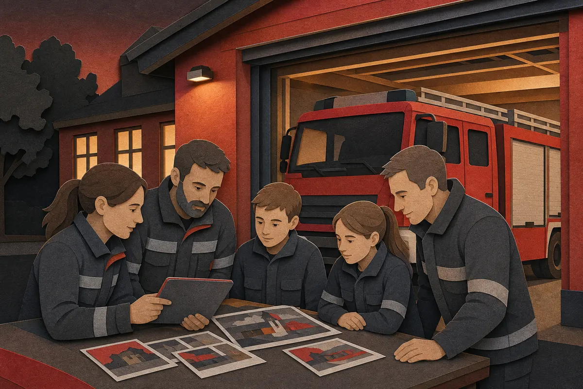 Mitglieder eines Feuerwehrvereins planen gemeinsam Öffentlichkeitsarbeit vor dem Feuerwehrhaus
